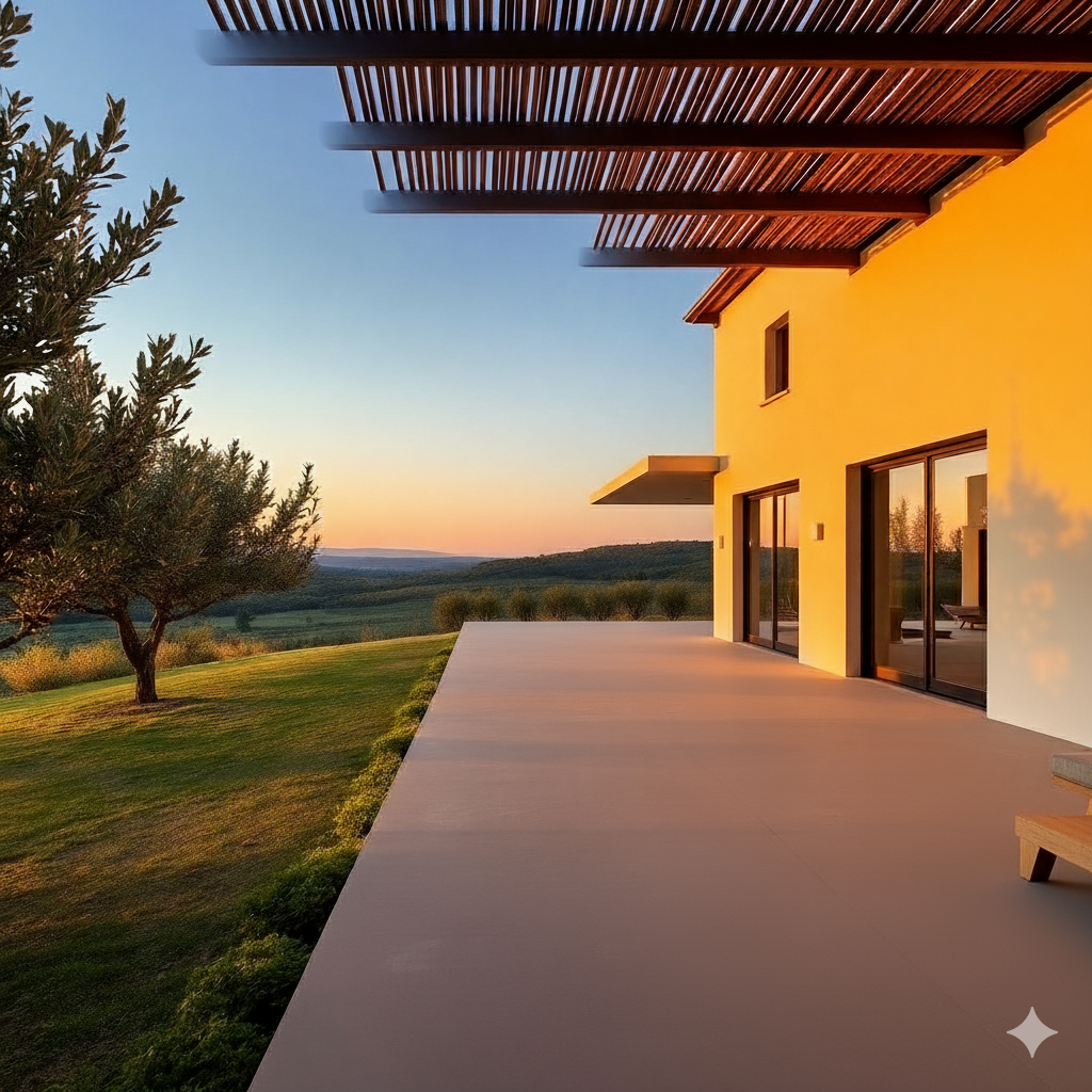 serene luxury villa in Tuscany with olive groves, golden hour lighting, minimalist architecture