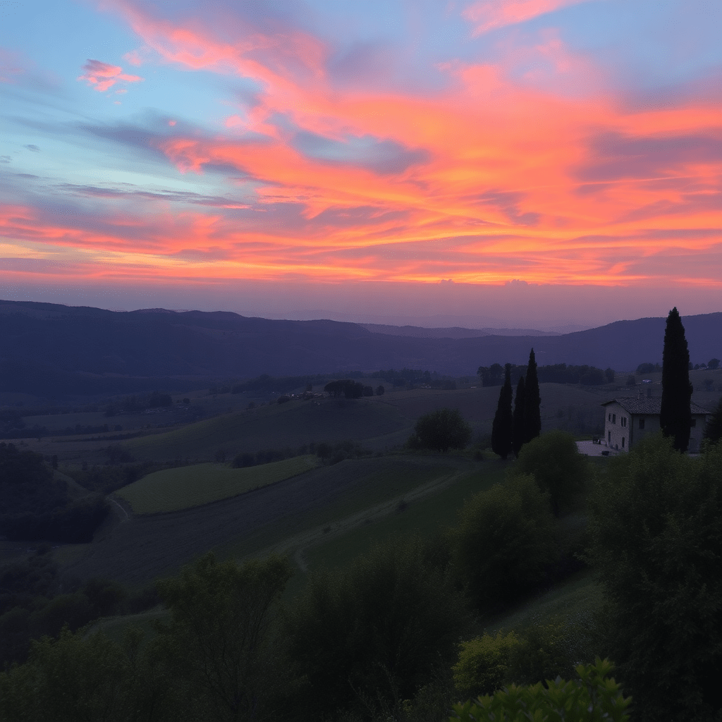 Italian countryside sunset view